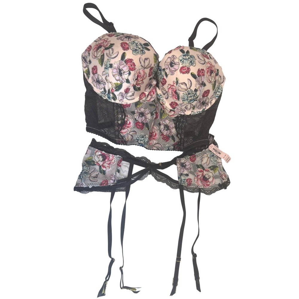 Victorias Secret Floral Lace Bustier 36DD and Garter Belt Set ML NWT